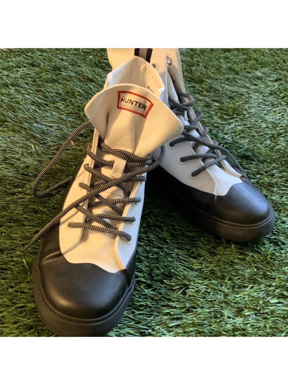 Hunter White High-Top Lace Sneakers with Black Accents